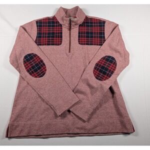 Orvis Pullover Women Medium Red Plaid Shoulder Elbow Patch Quarter Zip Sweater